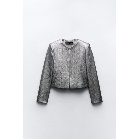 NWOT Zara charcoal silver metallic sheen laminated cropped jacket, XS - Picture 2 of 7
